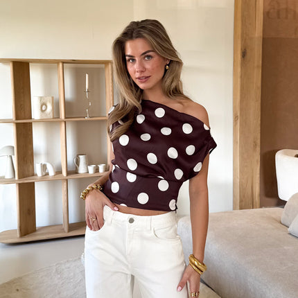 Stippen polkadot topje wit bruin zwart Famous Store-2877