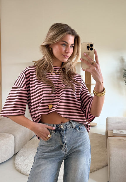 Famous Online Store Hannah strepen tshirt roze/bruin