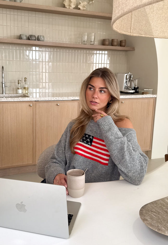 Famous Online Store Off shoulder America sweater grijs