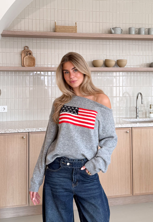 Famous Online Store Off shoulder America sweater grijs