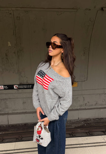 Famous Online Store Off shoulder America sweater grijs