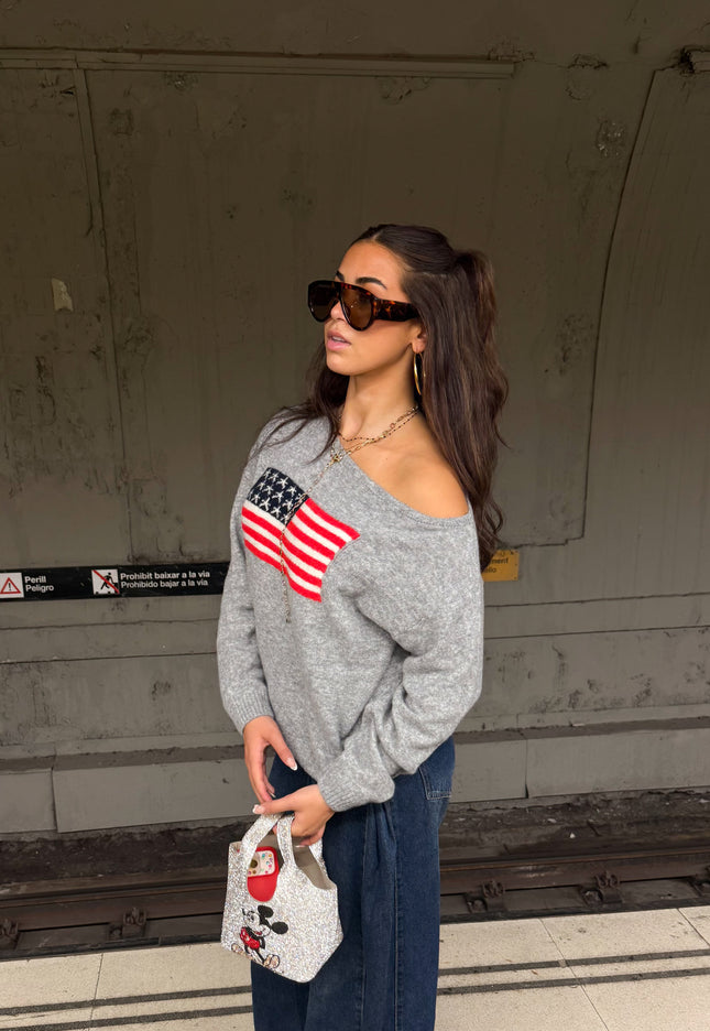 Famous Online Store Off shoulder America sweater grijs