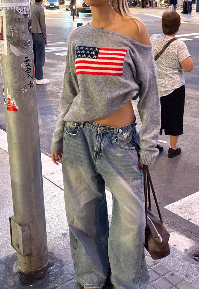 Famous Online Store Off shoulder America sweater grijs