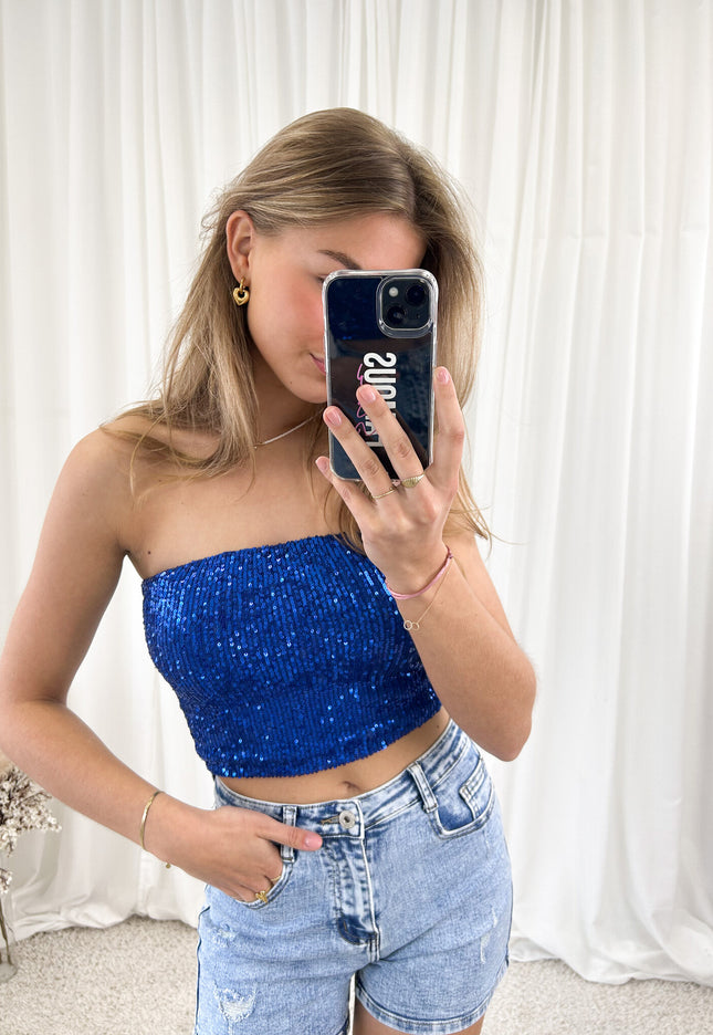 Famous Online Store Strapless glitter top blauw