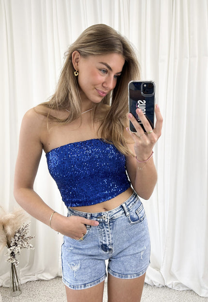 Famous Online Store Strapless glitter top blauw