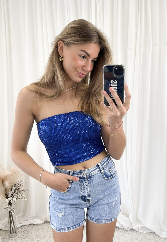 Famous Online Store Strapless glitter top blauw