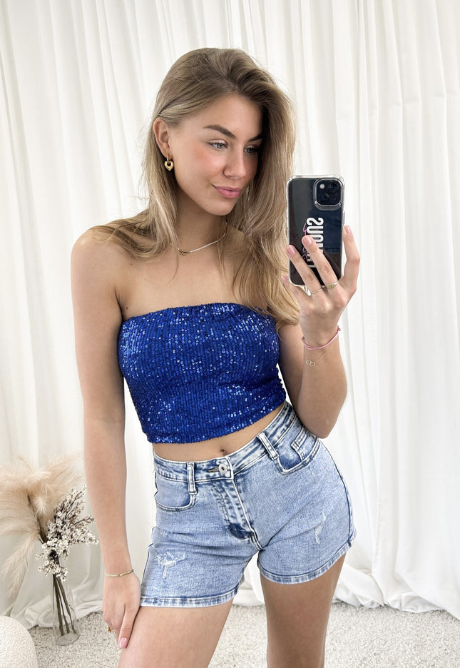 Famous Online Store Strapless glitter top blauw