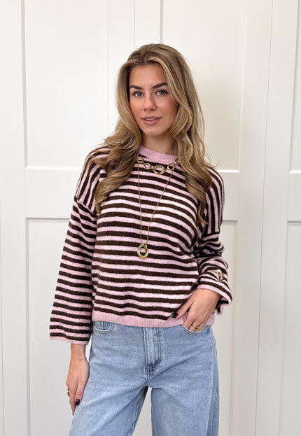Famous Online Store Strepen trui Fien bruin/roze