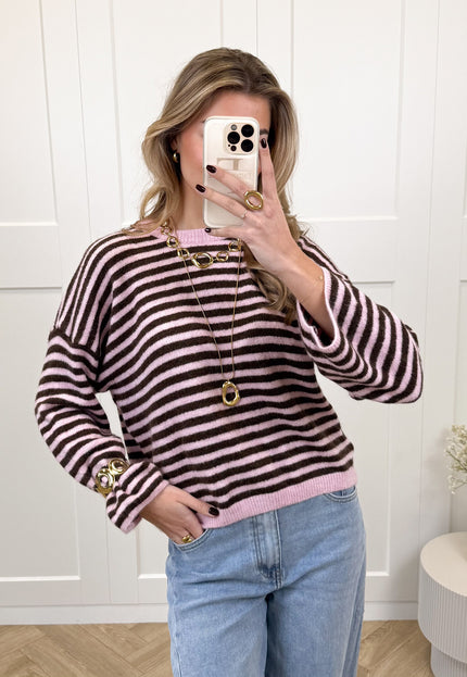 Famous Online Store Strepen trui Fien bruin/roze