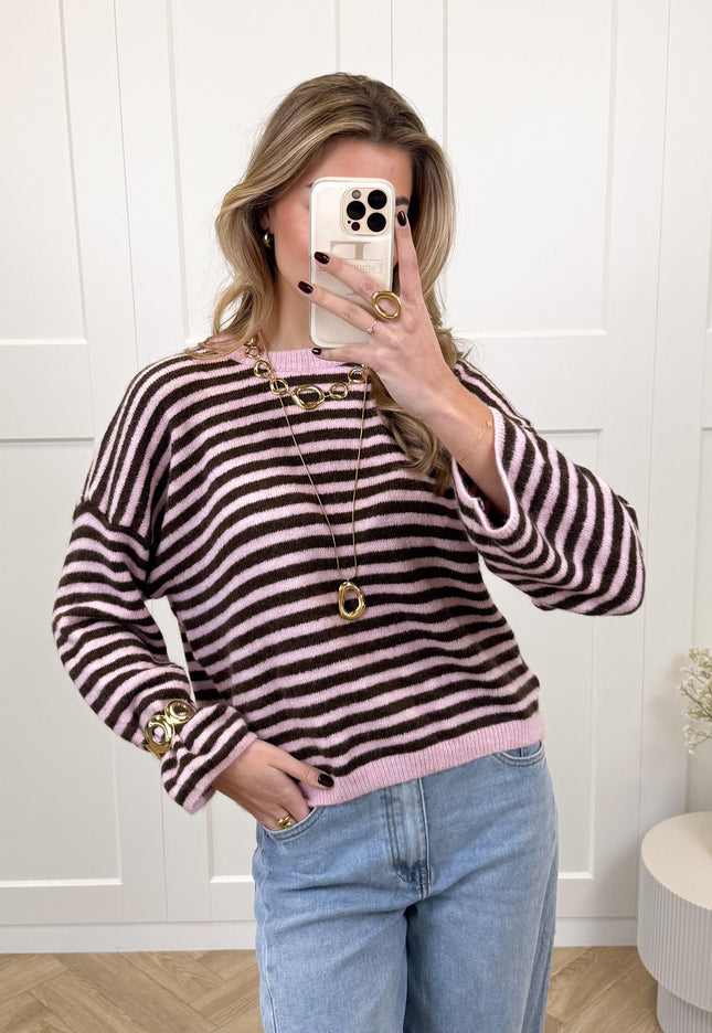 Famous Online Store Strepen trui Fien bruin/roze