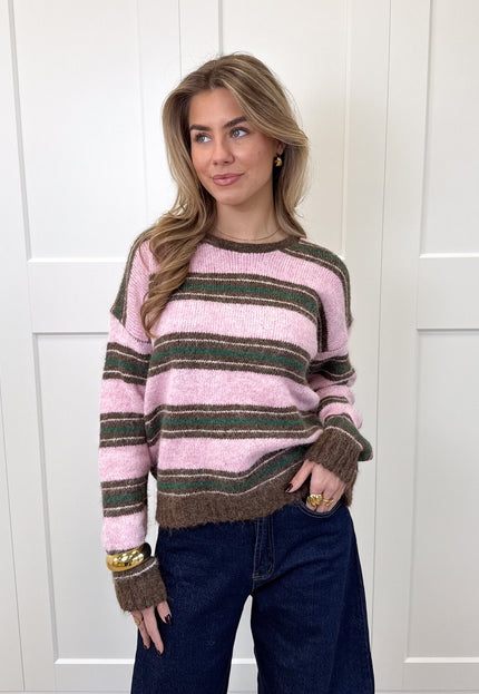 Famous Online Store Strepen trui Loesje roze/bruin/groen